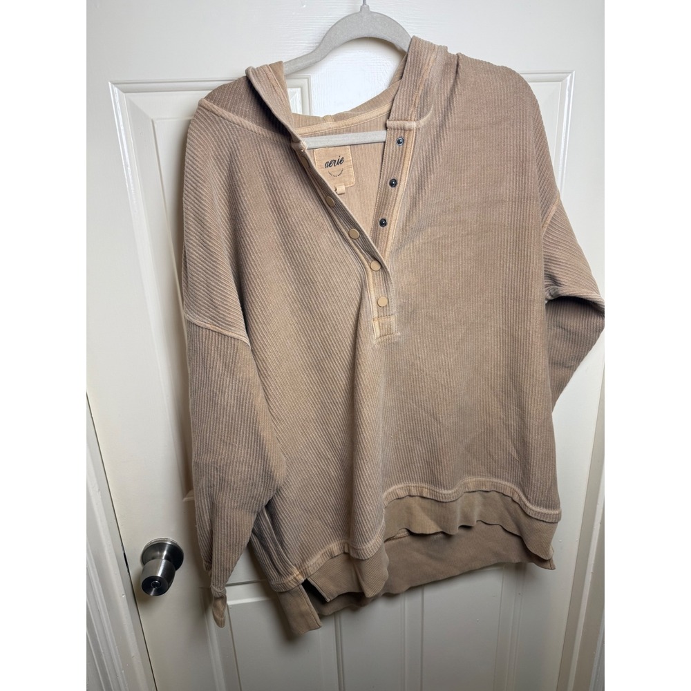 Aerie Tan Ribbed Corduroy Henley Hoodie Oversized Pullover Medium